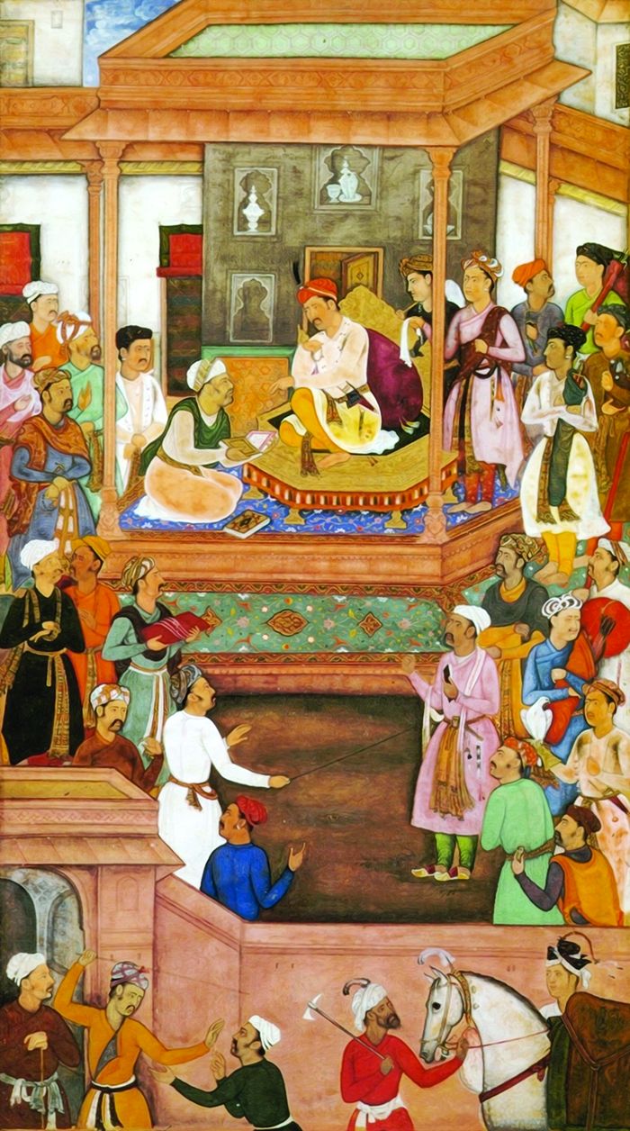 აბულ-ლ ფაზლი ფადიშაჰ აქბარს გადასცემს წიგნს