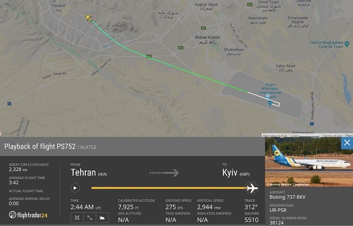 ავიალაინერის ფრენის ტრაექტორია თეირანის აეროპორტიდან აფრენიდან ჩამოვარდნამდე
