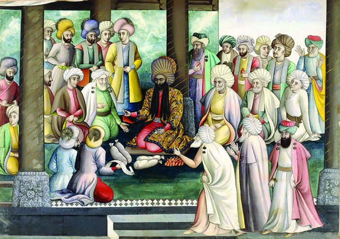 სპარსეთის შაჰინშაჰი სოლთან ჰუსეინი, იგივე ჰუსეინ I სეფიანი, სასახლის კარისკაცების გარემოცვაში. სპარსული მინიატურა, 1721 წელი (დაცულია ბრიტანეთის მუზეუმში, ლონდონში)